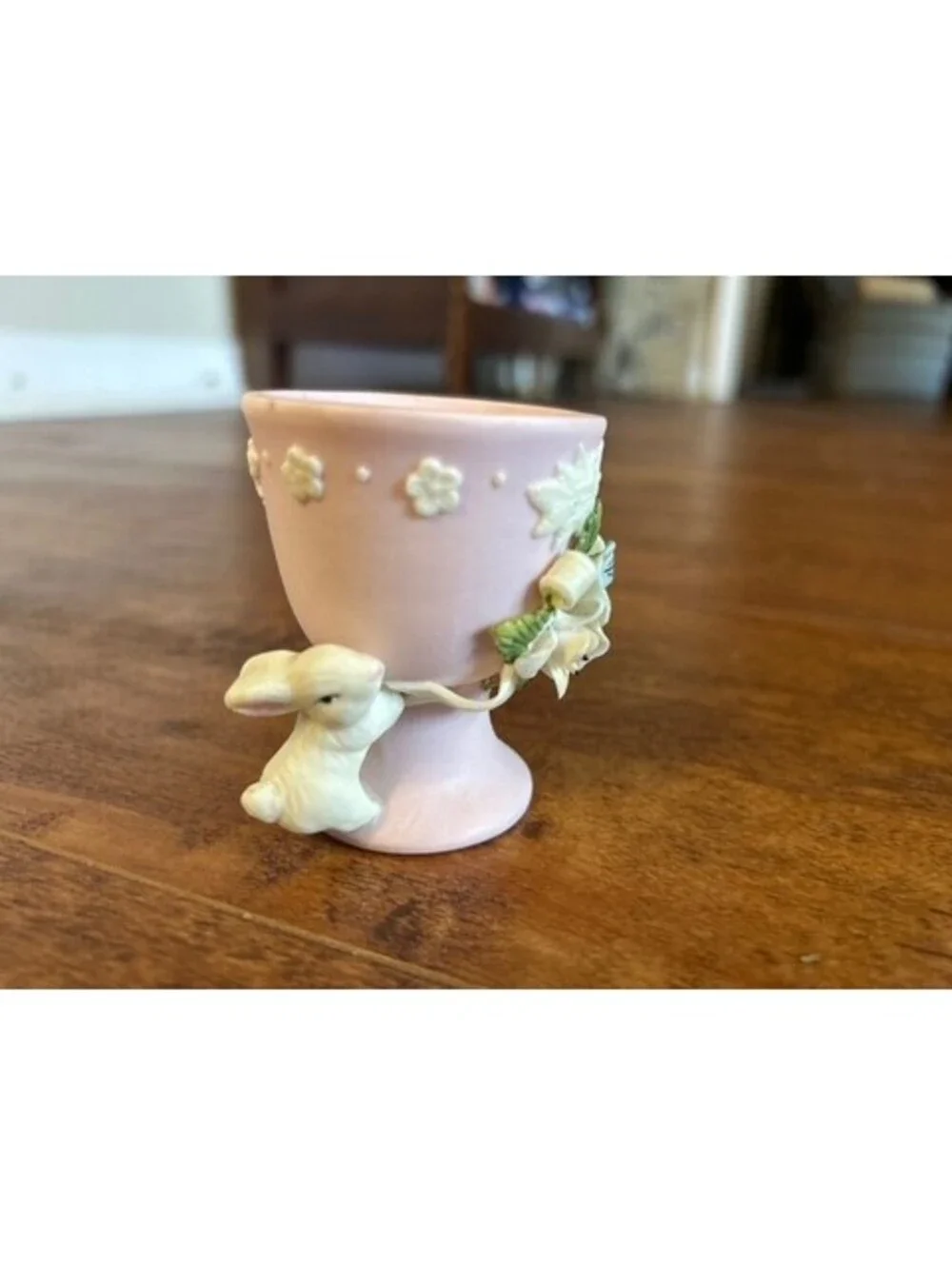 Vintage Pink Ceramic Egg Cup with Bunny and Floral Detailing